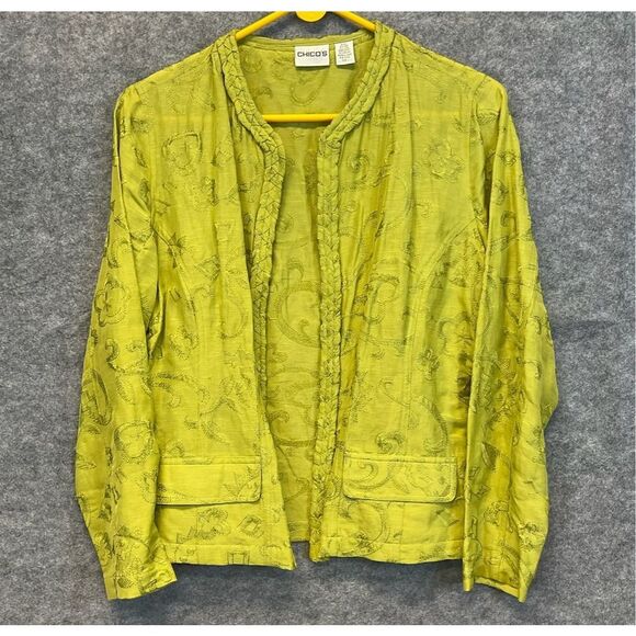 CHICO’S Silk Linen Jacket Size 1 (8/M) Chartreuse Embroidered Open Front Green - Picture 1 of 11
